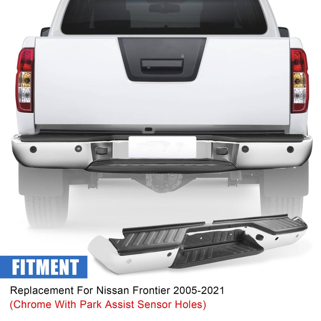 Installed chrome rear step bumper with black step insert for Nissan Frontier