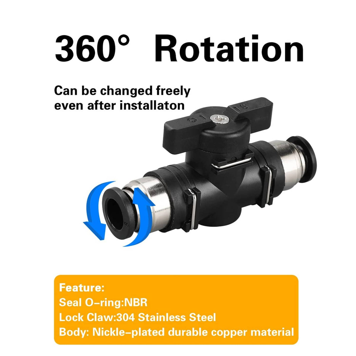 Pneumatic ball valve with 360° rotation lever and push-connect tube ends