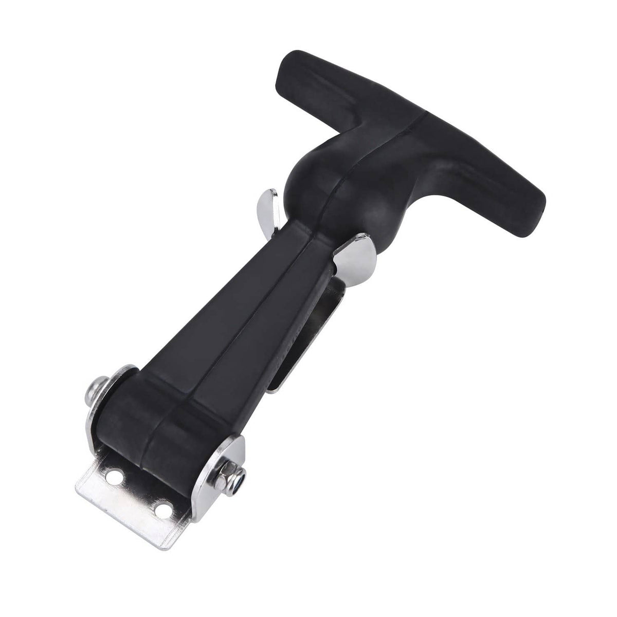 Black rubber T-handle draw latch with extended handle and metal mounting bracket