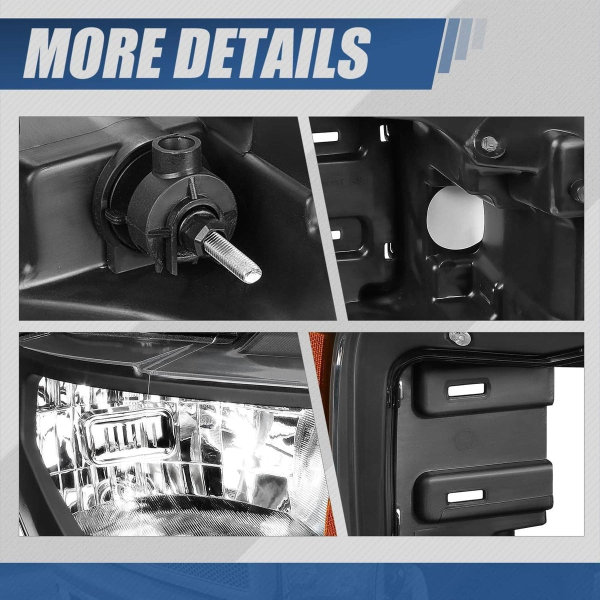 Detail views of black headlight housing clips, adjuster, and clear lens reflector area