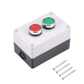 Push button switch station with red and green illuminated buttons, white and black housing