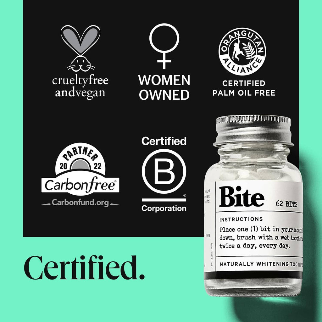 Bite whitening toothpaste tablets jar with certification and guarantee badges