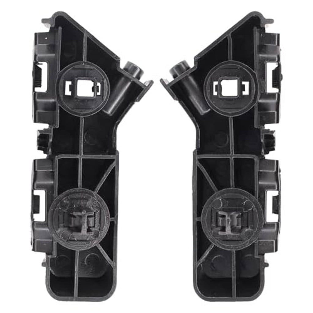 Pair of front bumper bracket housings, black plastic with clip openings and circular insert details