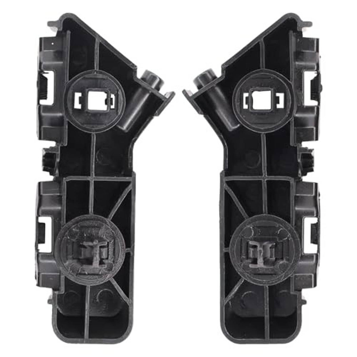 Pair of front bumper bracket housings, black plastic with clip openings and circular insert details