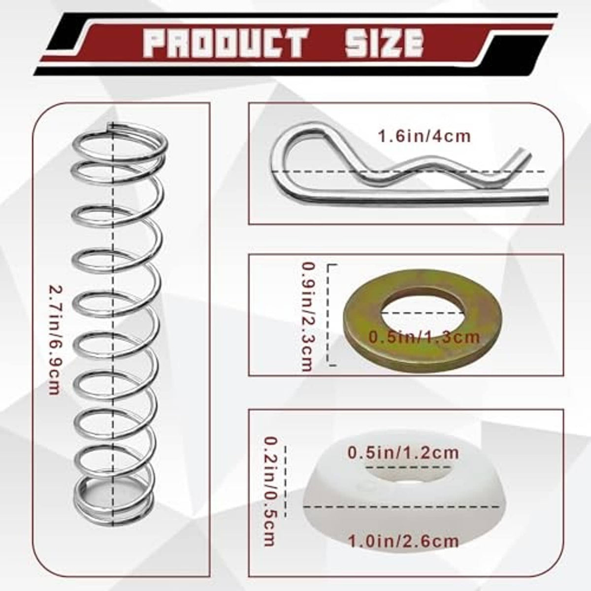 Transmission shifter repair kit: metal U-rod, white plastic bushing, copper-colored ring, spring