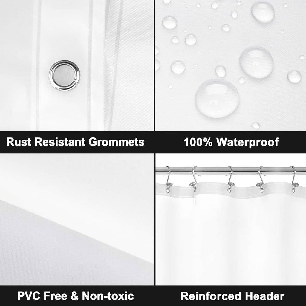 White waterproof shower curtain with metal grommets and reinforced header