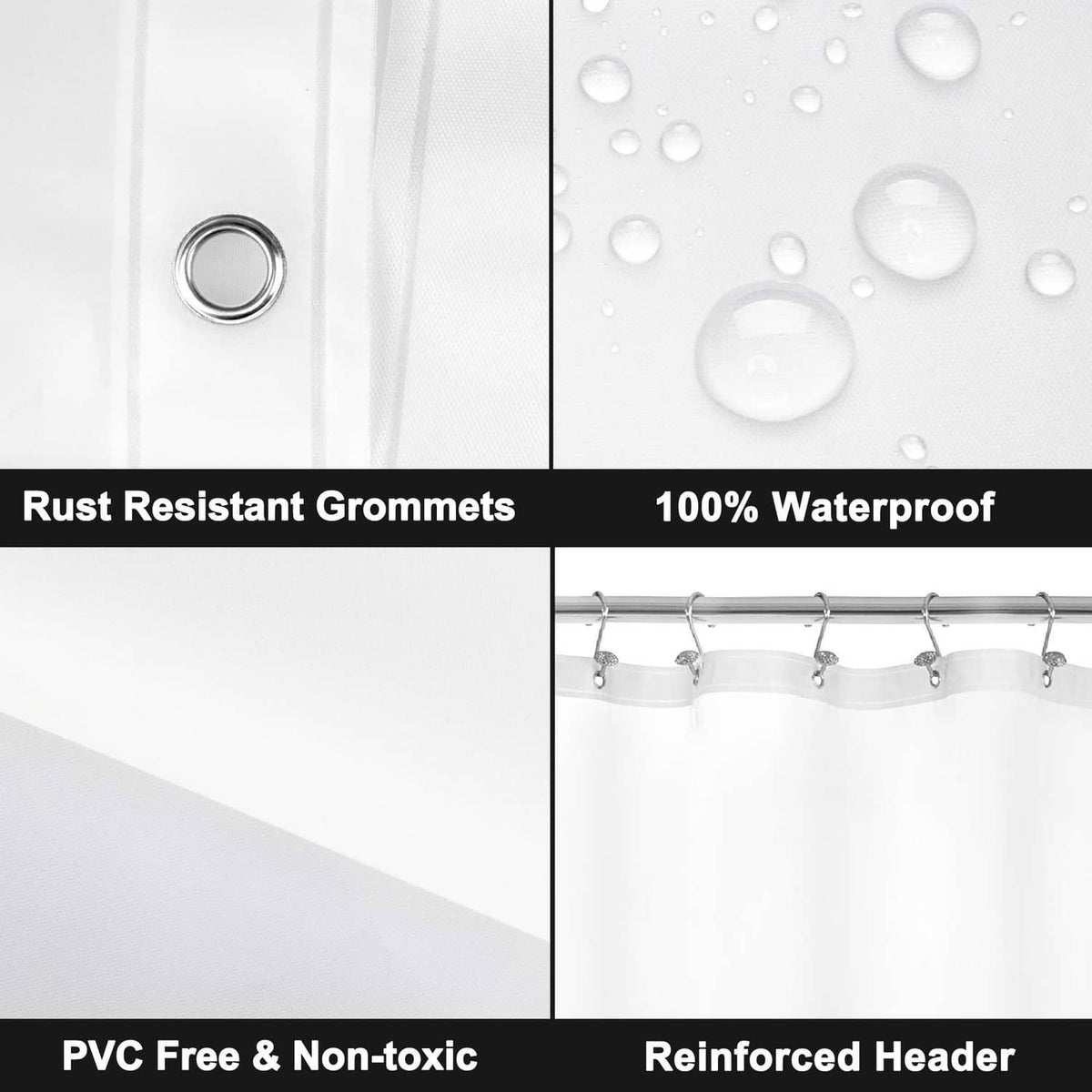 White waterproof shower curtain with metal grommets and reinforced header