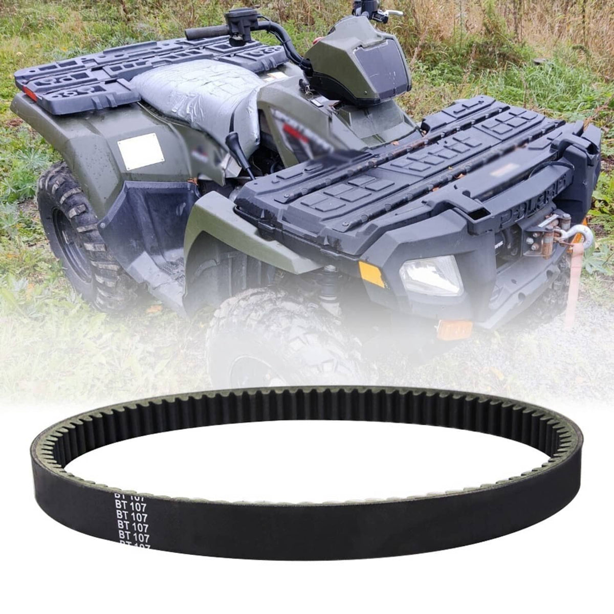 Drive belt for ATV, black rubber belt with toothed inner edge and side markings