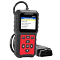 Handheld OBD2 code reader with black casing, Diagnostic Menu screen, and OBD plug