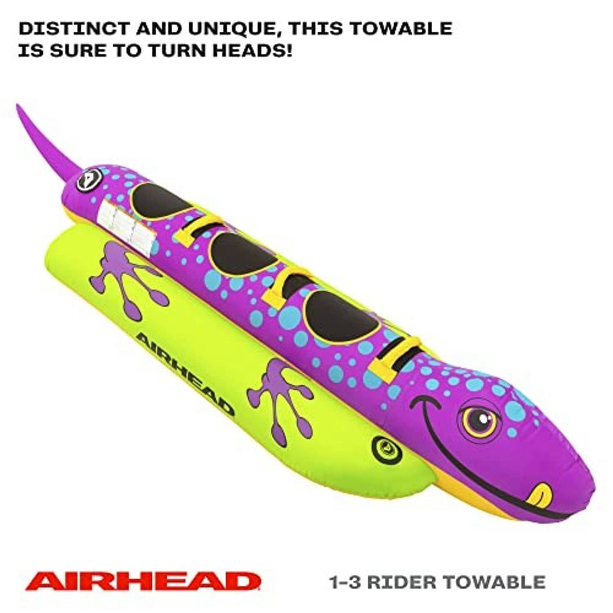 Purple and green salamander towable tube with yellow strap accents and black side openings