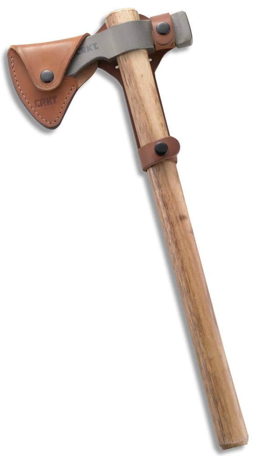 Brown leather axe sheath with snap closure and stitched trim, fits wood handle
