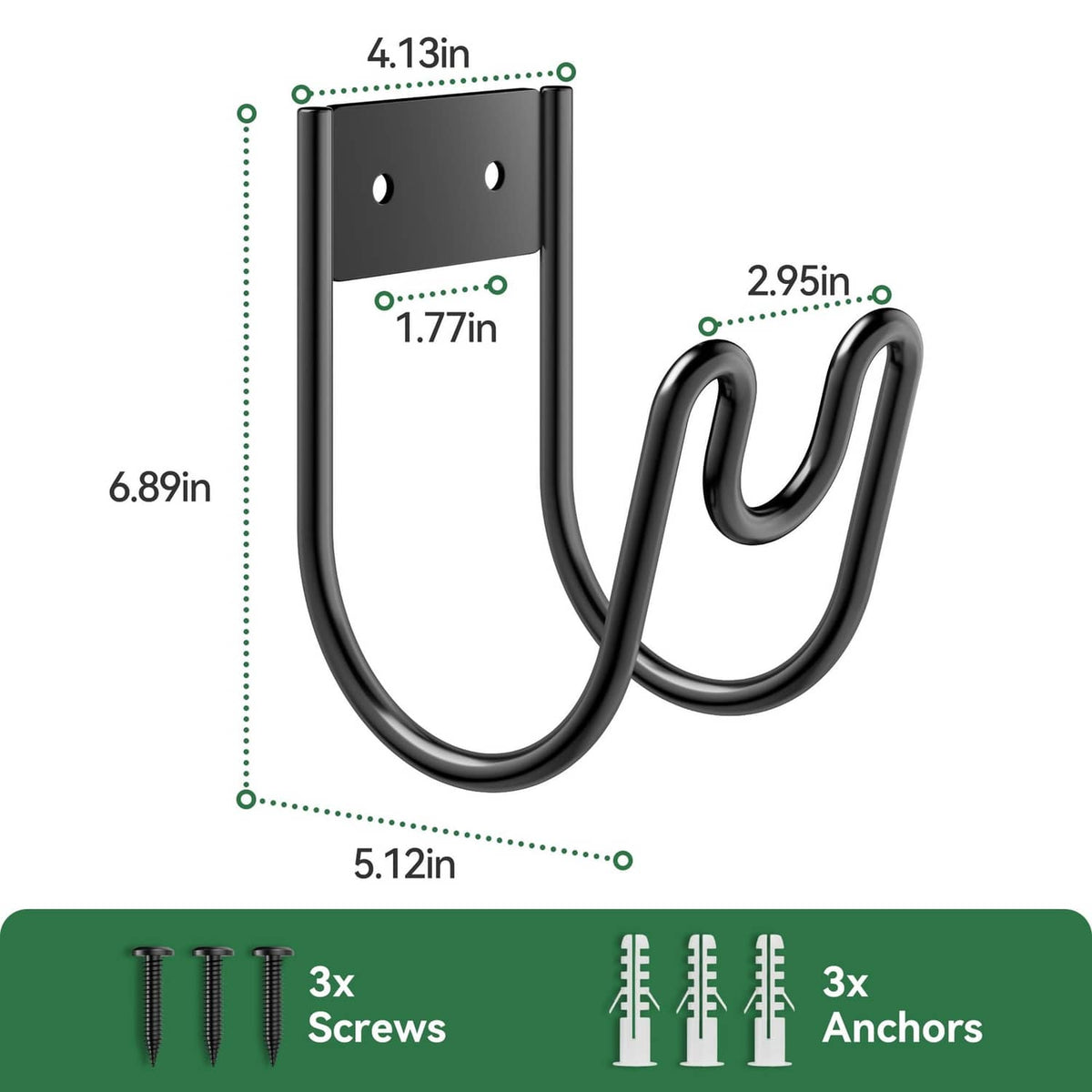 Black metal wall hose holder bracket with two curved hooks and mounting holes