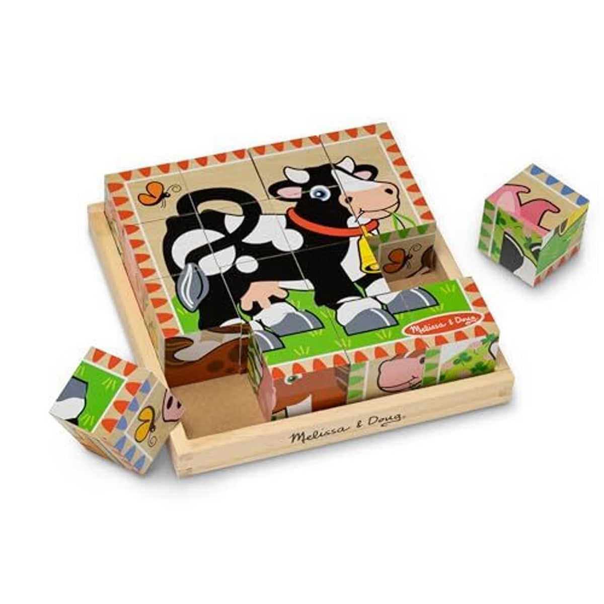 Wooden farm cube puzzle with tray, illustrated animal scenes, multiple small cubes