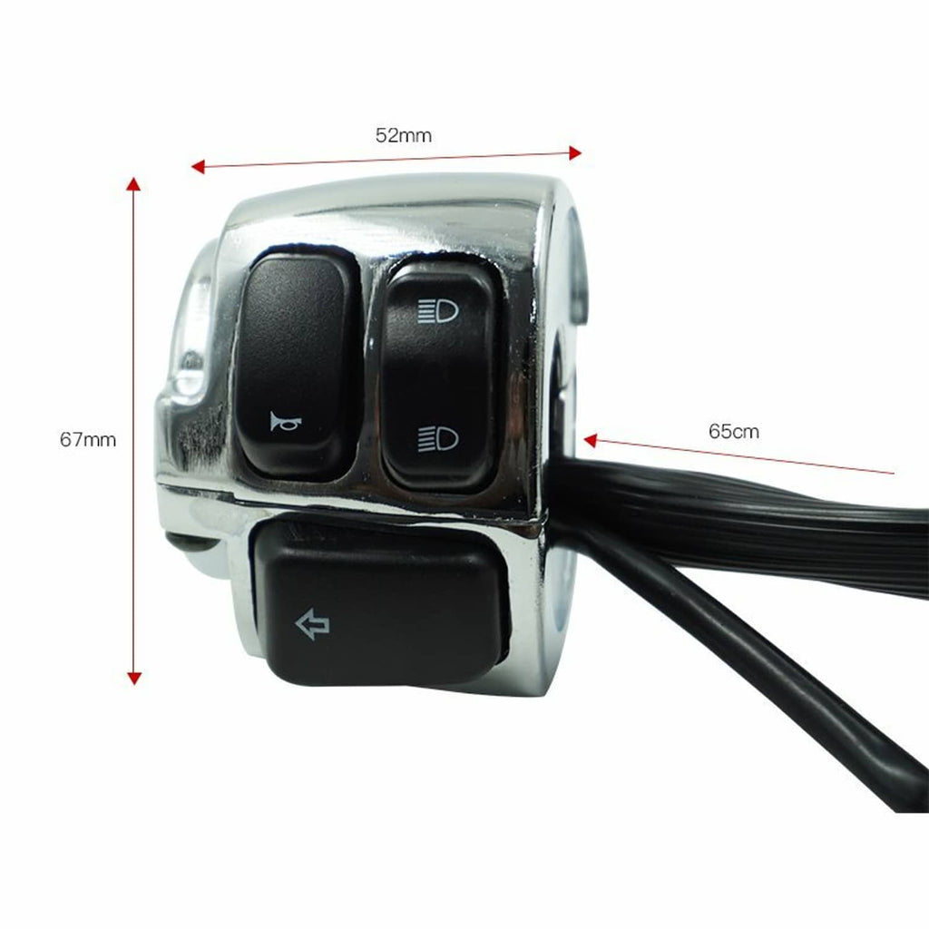 Chrome handlebar switch housing with black rocker buttons and wiring cable