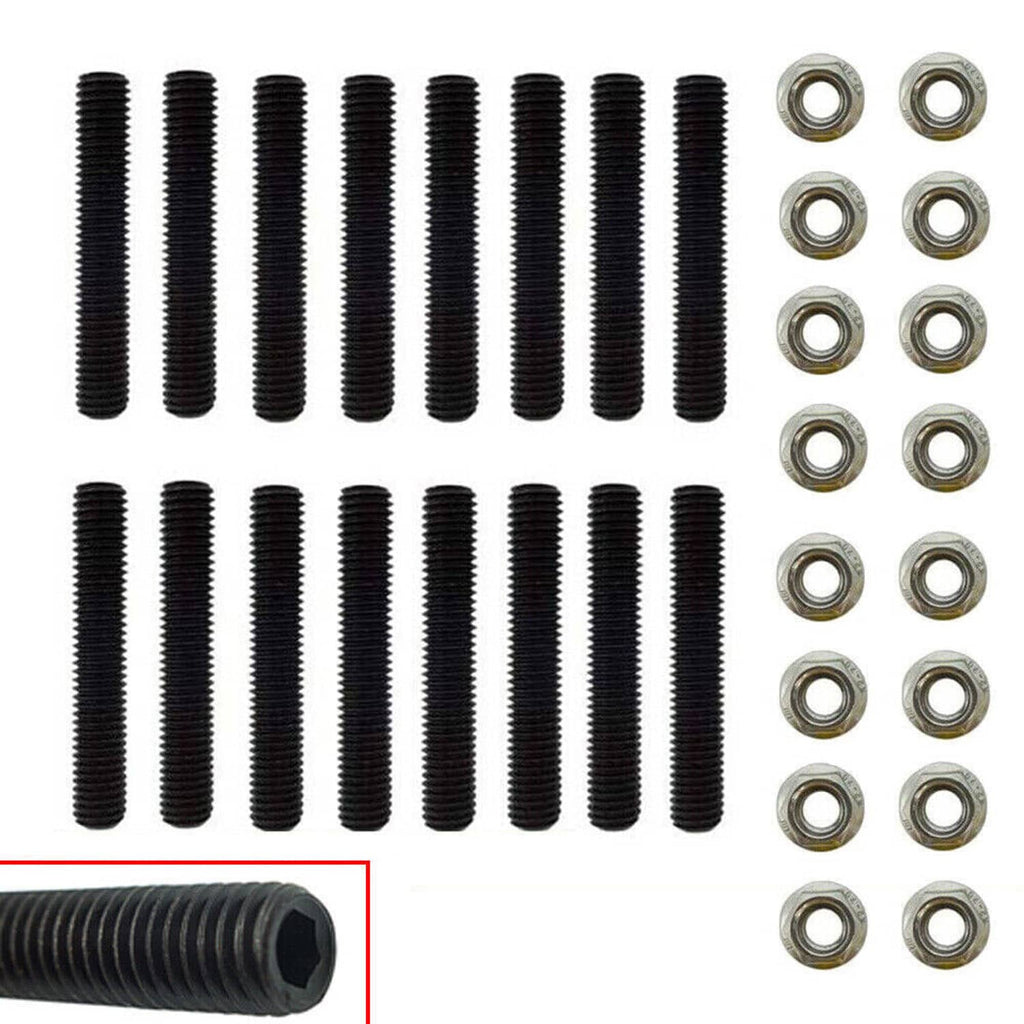 Set of black exhaust manifold studs with matching silver hex nuts and washers.
