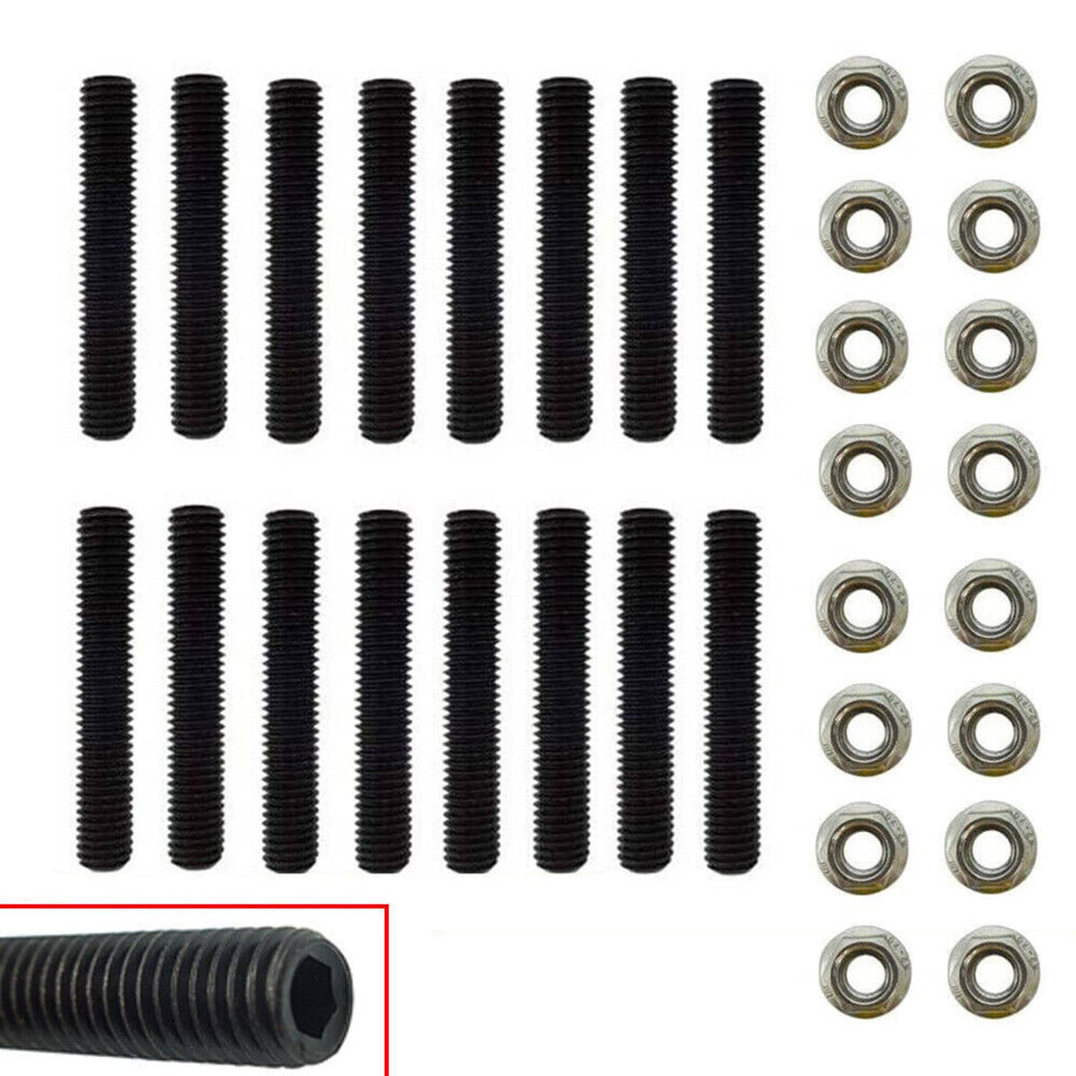 Set of black exhaust manifold studs with matching silver hex nuts and washers.
