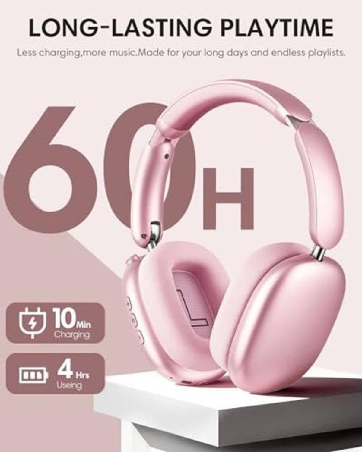 Pink over-ear wireless noise-cancelling headphones with padded cushions and side port