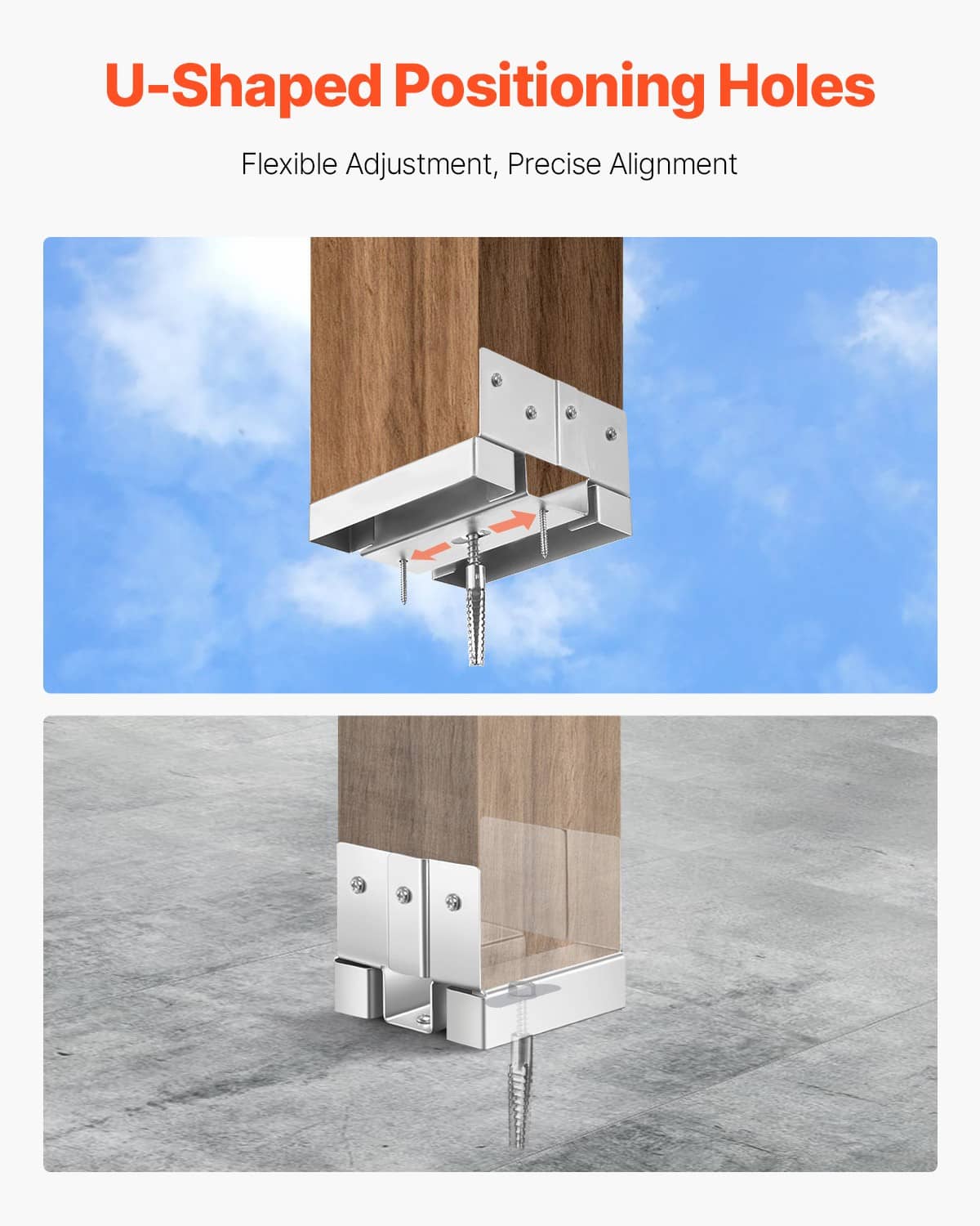 Metal post base bracket with U-shaped positioning holes for accurate 4x4 post alignment