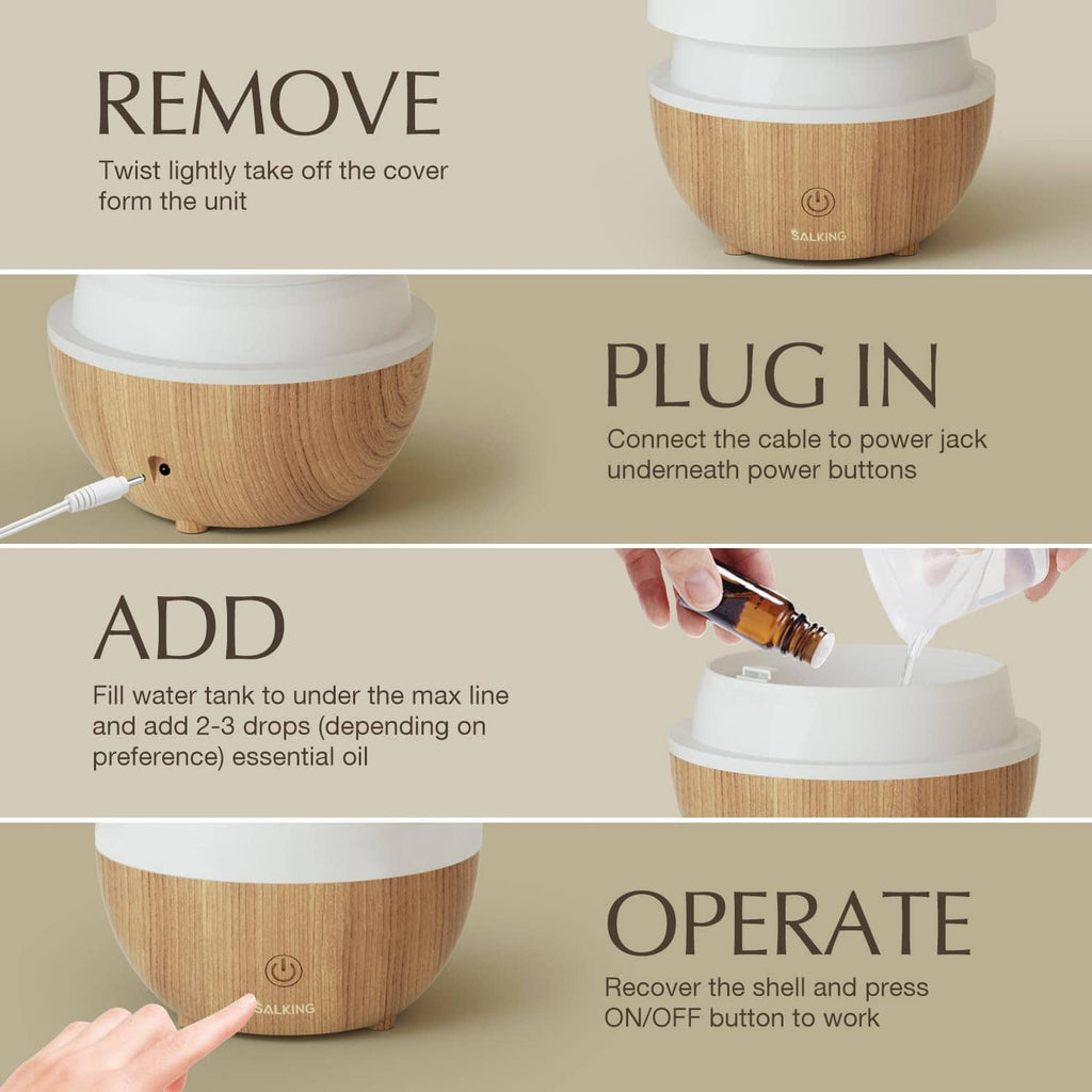 Essential oil diffuser setup steps: remove cover, plug in, add water, operate