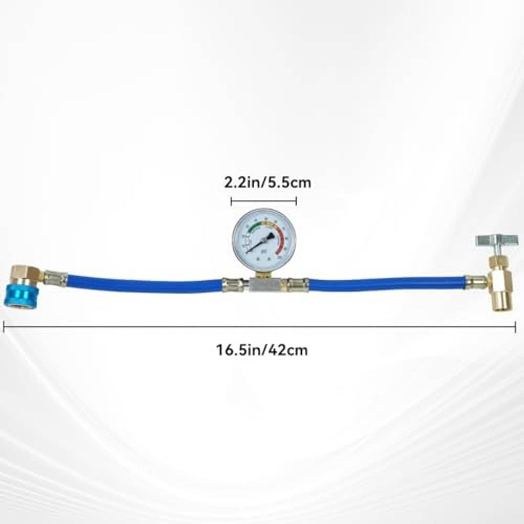Refrigerant charge hose kit with gauge on blue hose; length and width markings shown