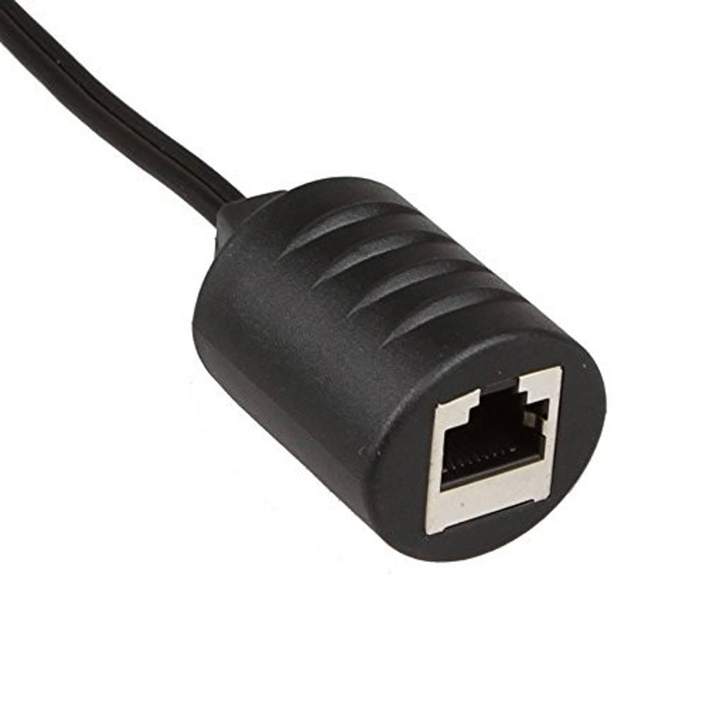 RJ45 connector end of stereo RCA audio extender cable, black housing with metal contact