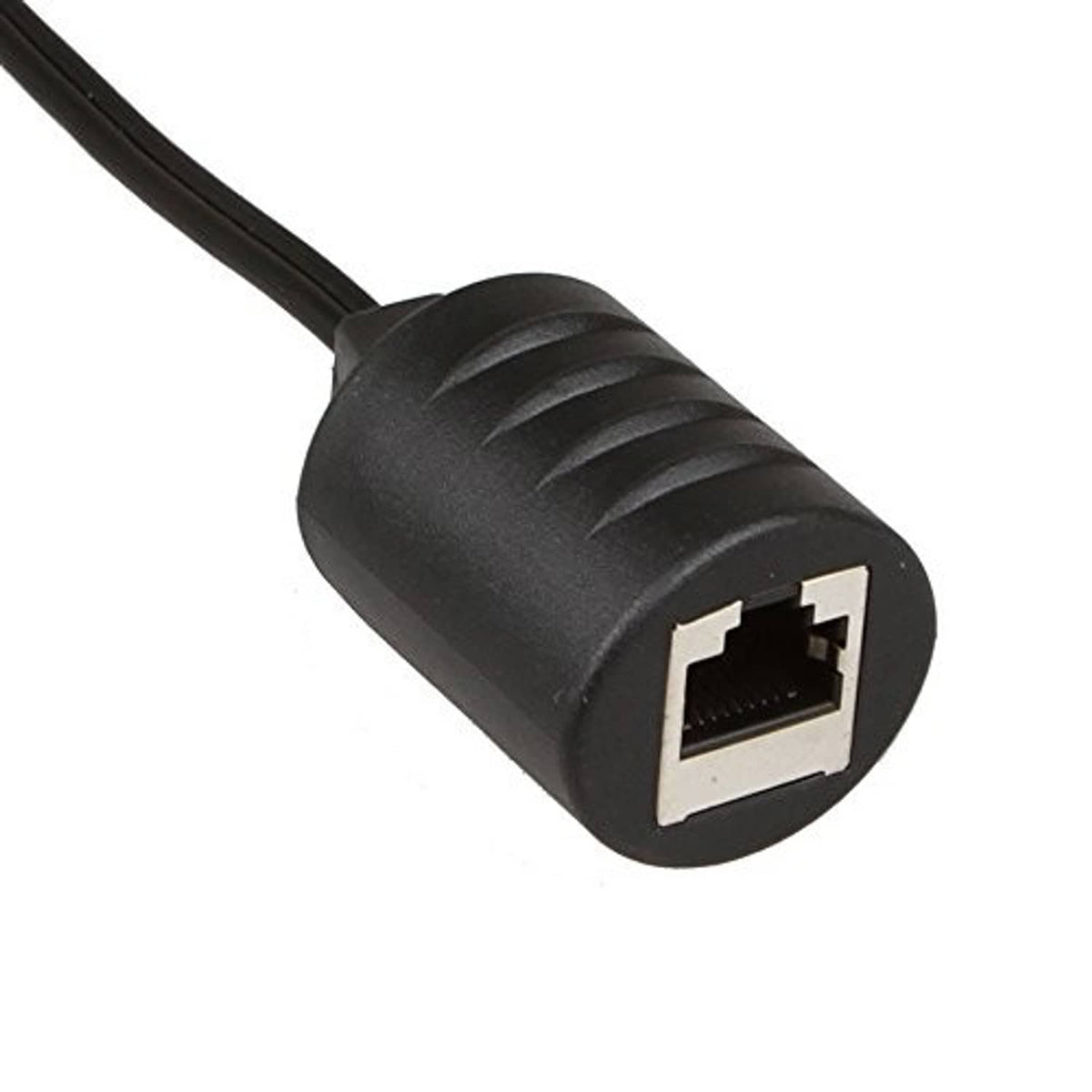 RJ45 connector end of stereo RCA audio extender cable, black housing with metal contact