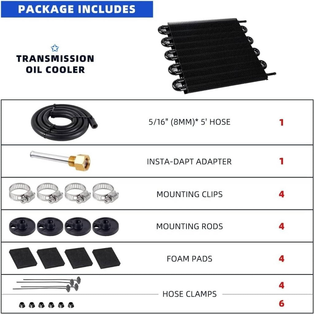 Transmission oil cooler kit with cooler, black hose, adapter, mounting rods, and clamps