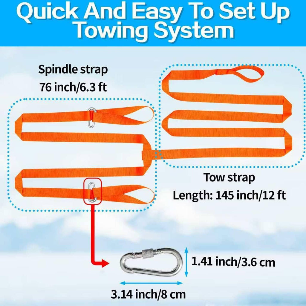Orange tow strap with metal carabiner hook, laid out to show lengths for towing