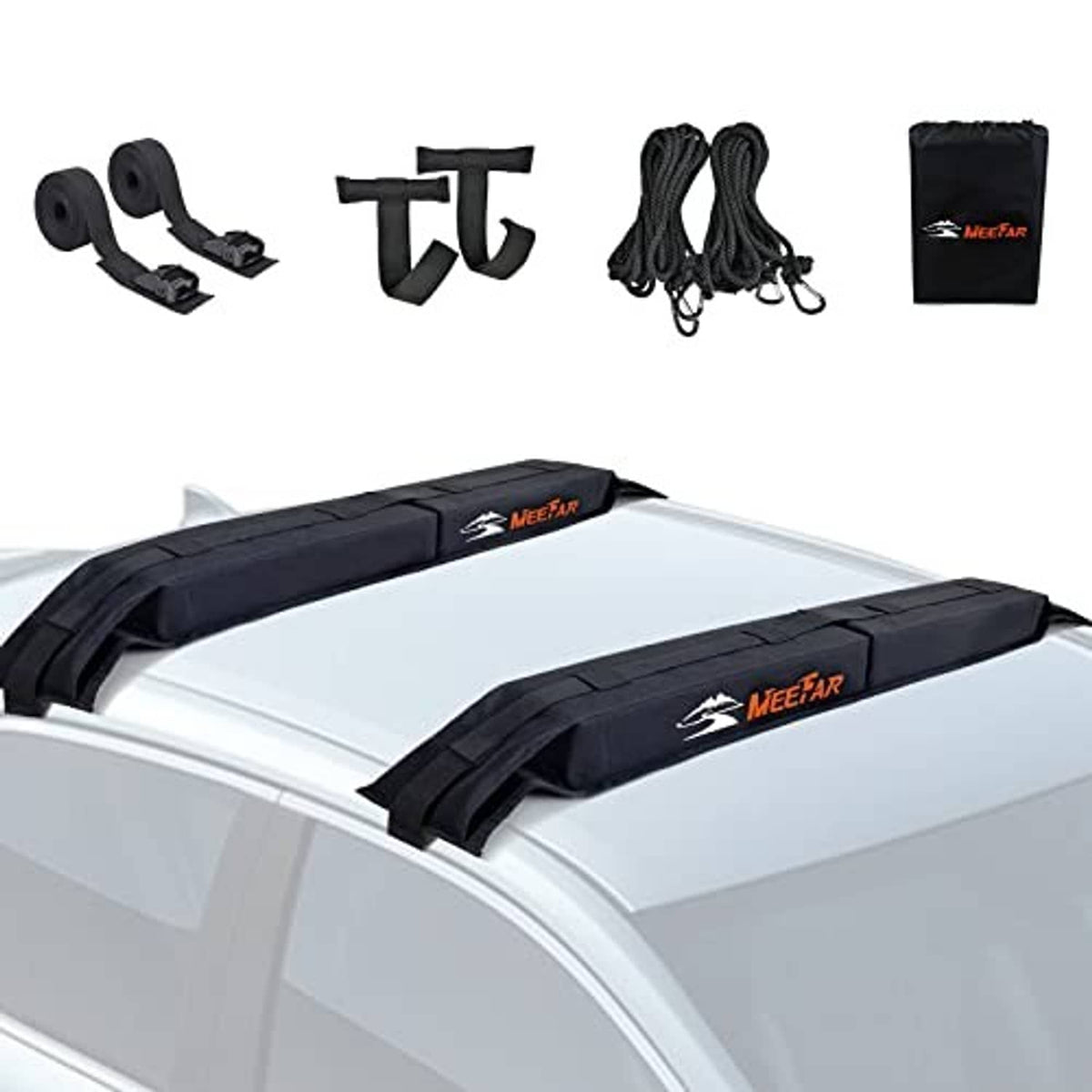 Black soft roof rack pads for car roof, shown with bundled tie-down ropes and straps