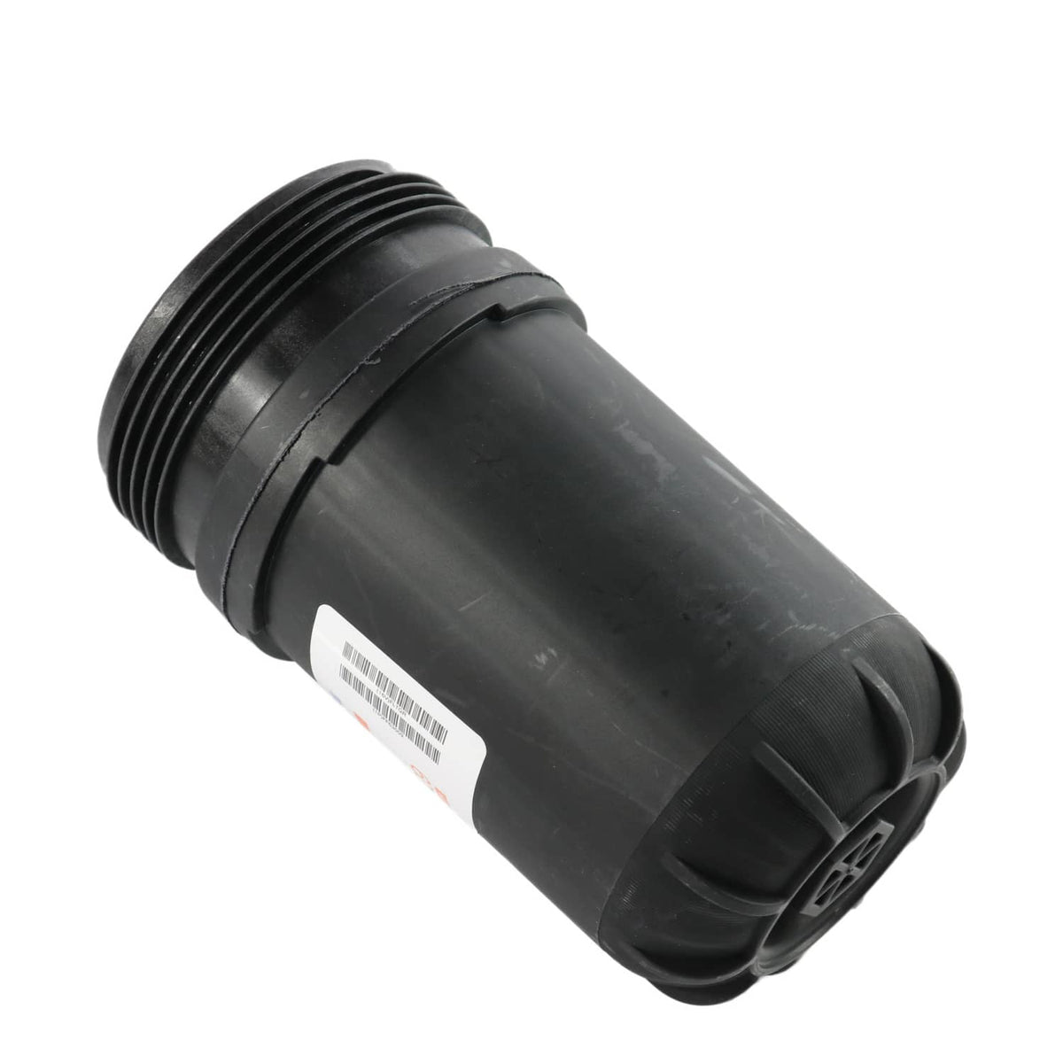 Black fuel filter with side label and threaded connection