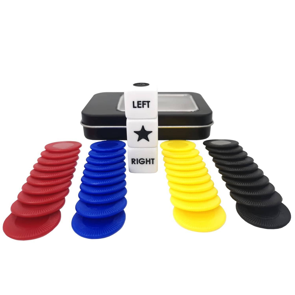 Four-color stack of left/right game dice with black storage tray