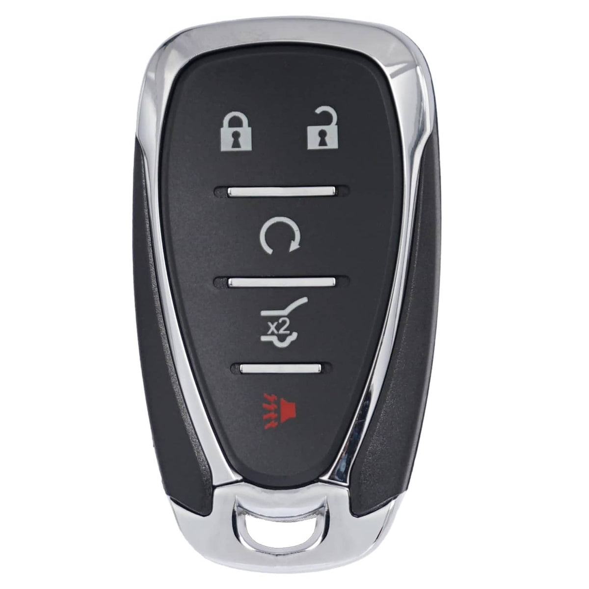 Black 5-button proximity smart key fob close-up, lock and unlock icons