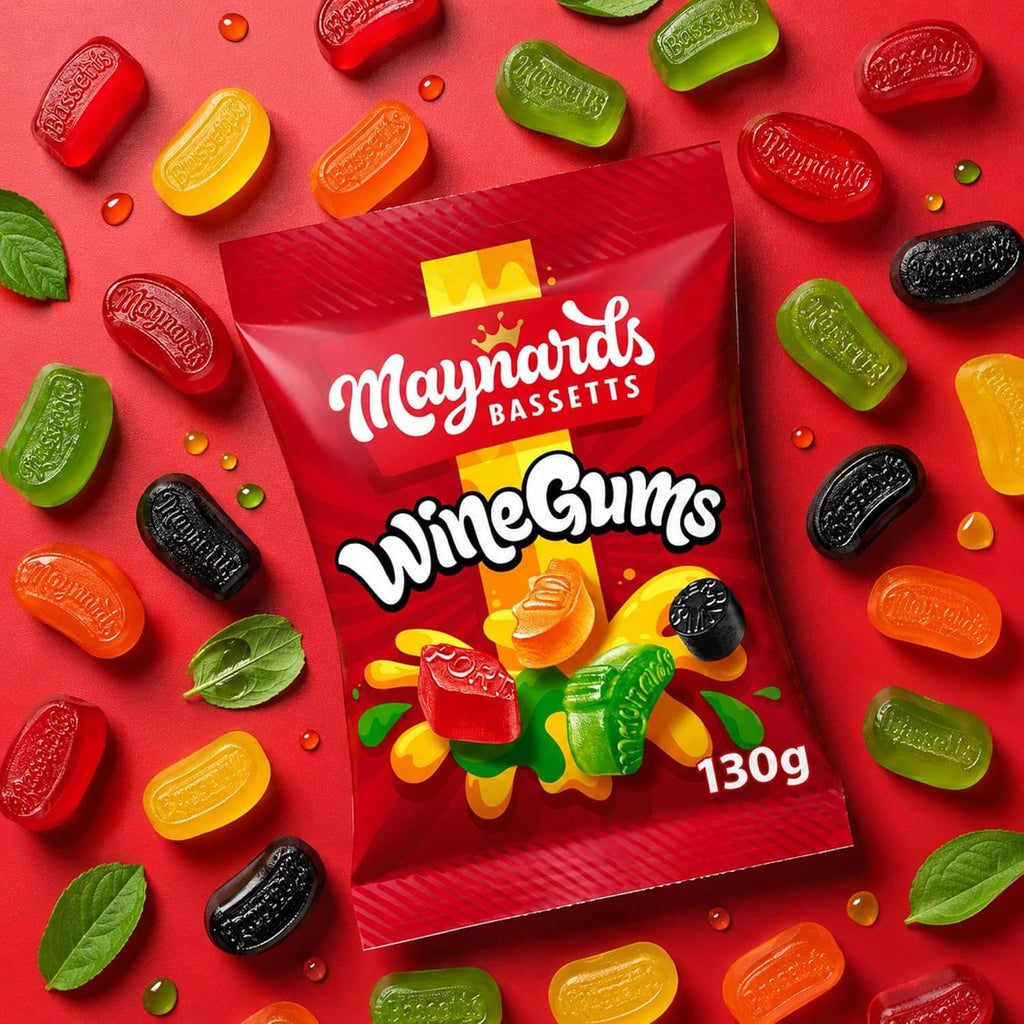 WineGums candy bag centered among mixed-color gummy pieces, Maynards branding, 130g.