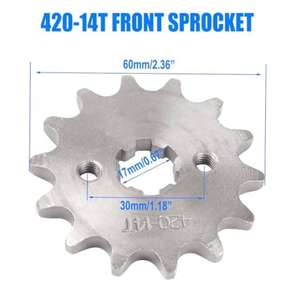 Silver front sprocket with knurled center holes and toothed outer ring, measurement diagram