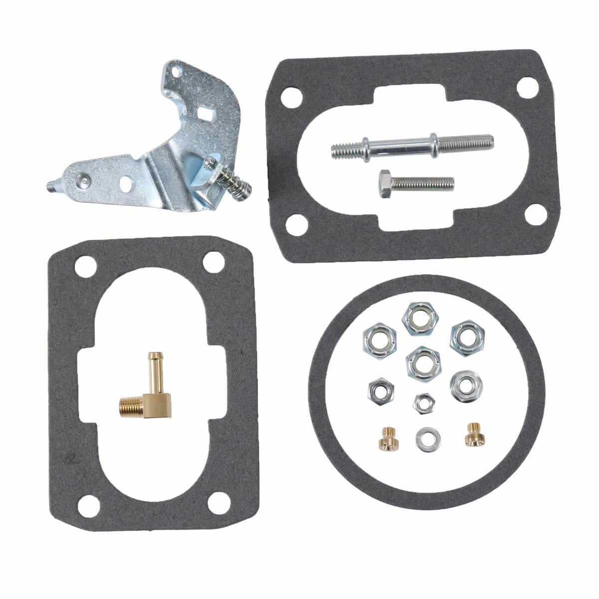 Carburetor gasket and hardware set: two black gaskets, hoses seal, screws, and nuts.