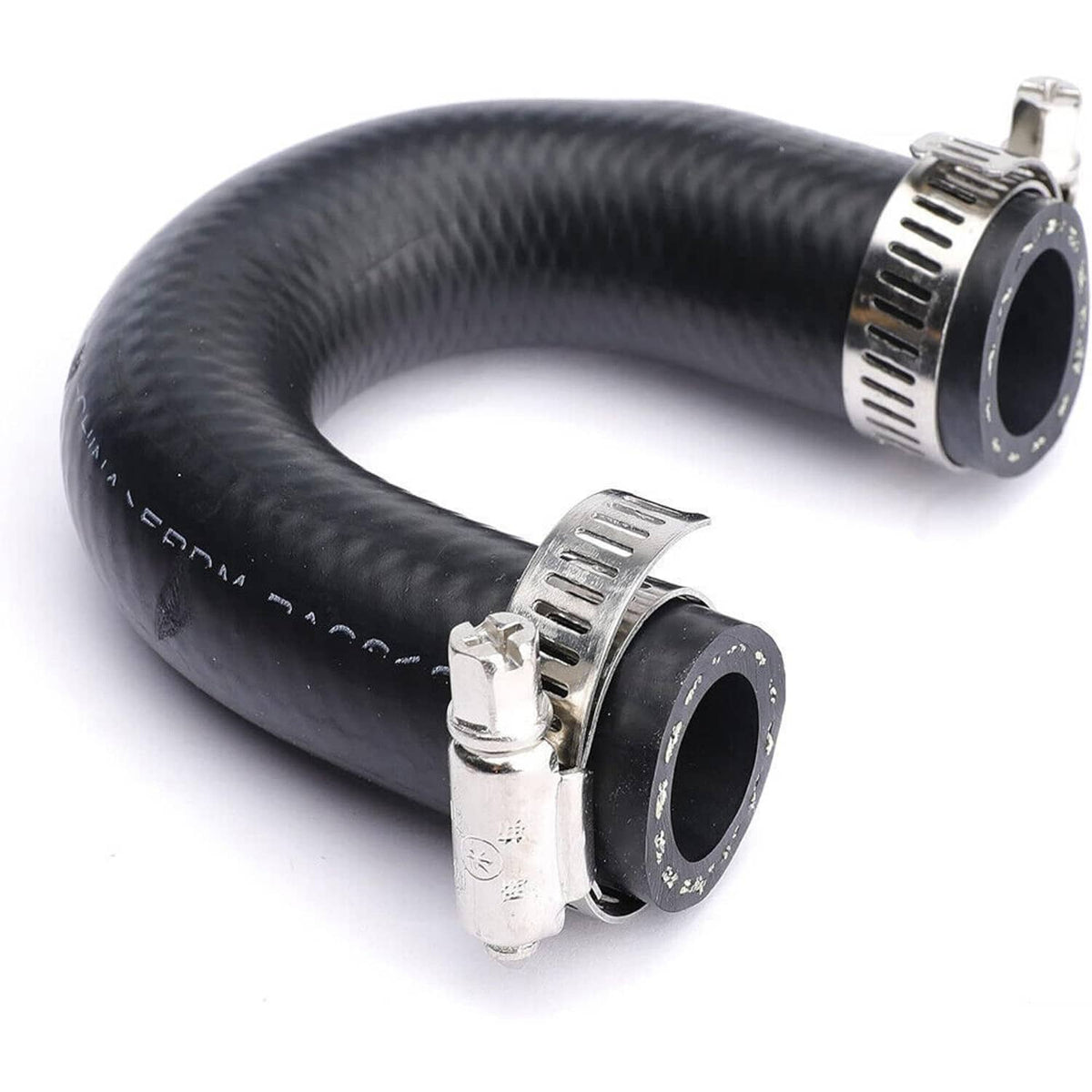 Black heater hose with metal clamps attached at both ends