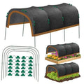 Dark gray garden shade cloth with orange trim, green clips, and arched hoop frame
