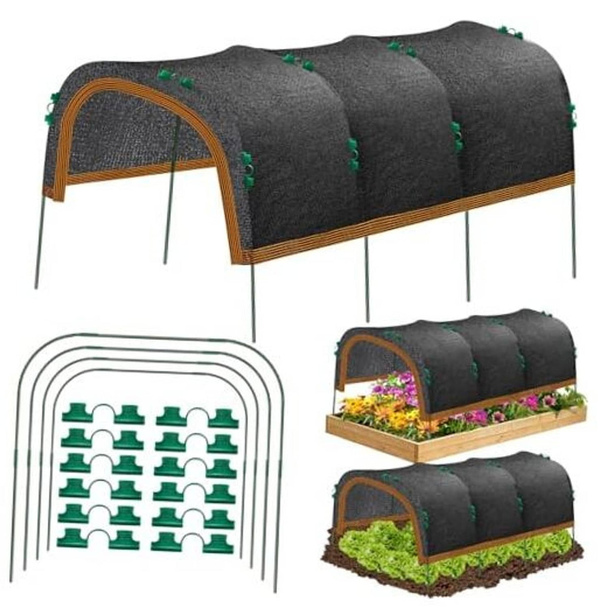 Dark gray garden shade cloth with orange trim, green clips, and arched hoop frame