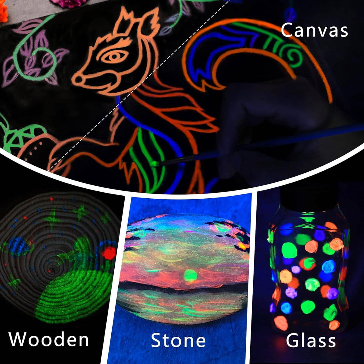 Glow-painted surfaces on canvas, wooden, stone, and glass with UV color effects