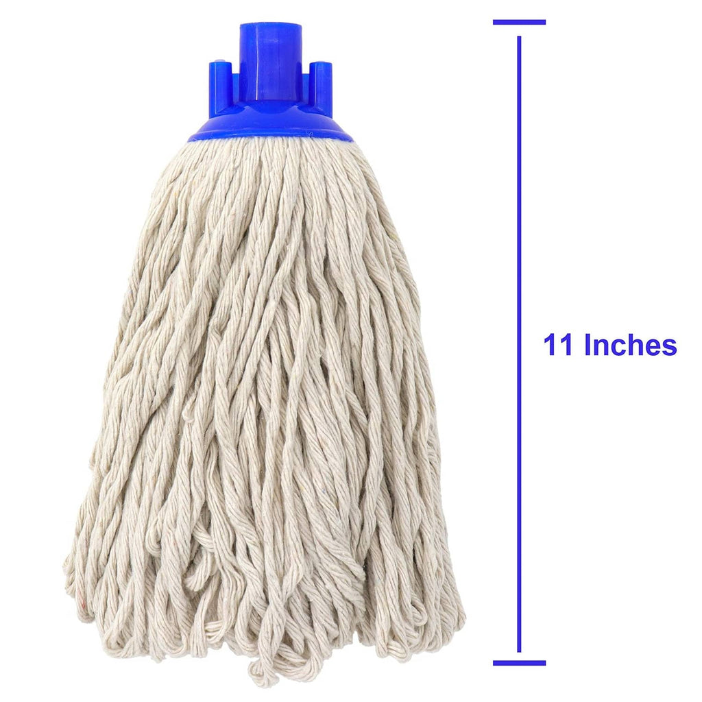 Beige cotton string mop head with blue screw-in connector cap