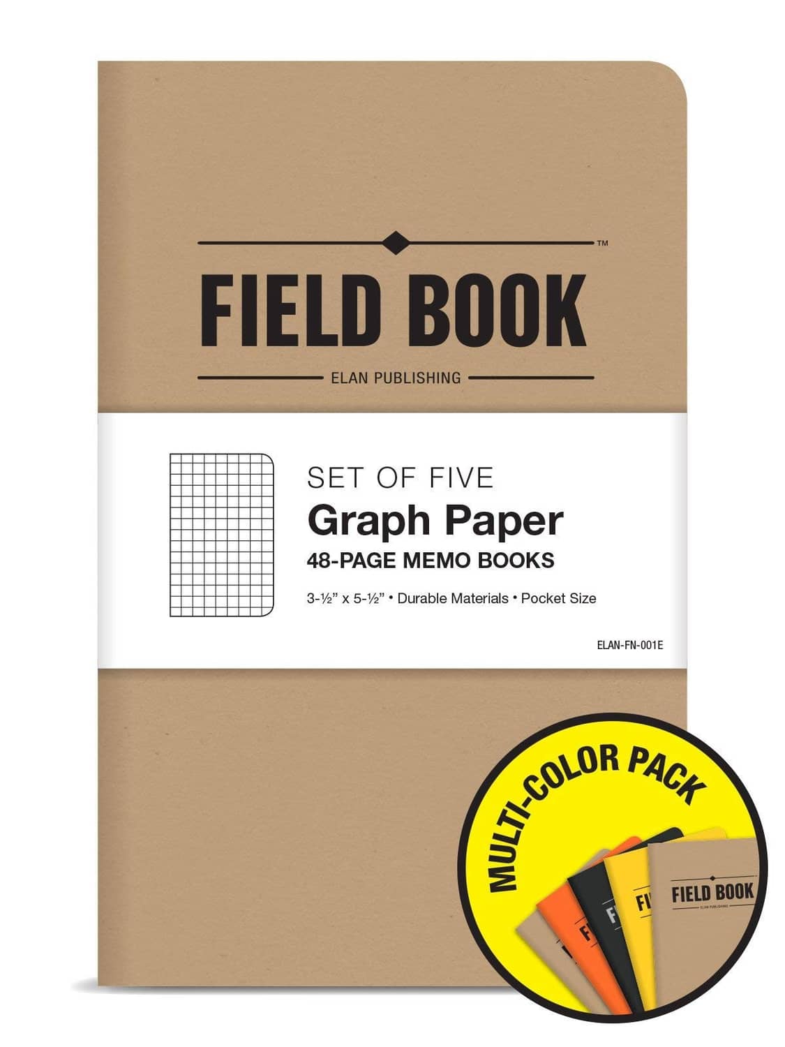 Kraft pocket graph notebook cover with FIELD BOOK logo and set-of-five details