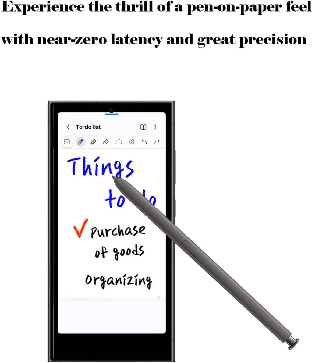 Stylus pen with dark gray body hovering above tablet display screen
