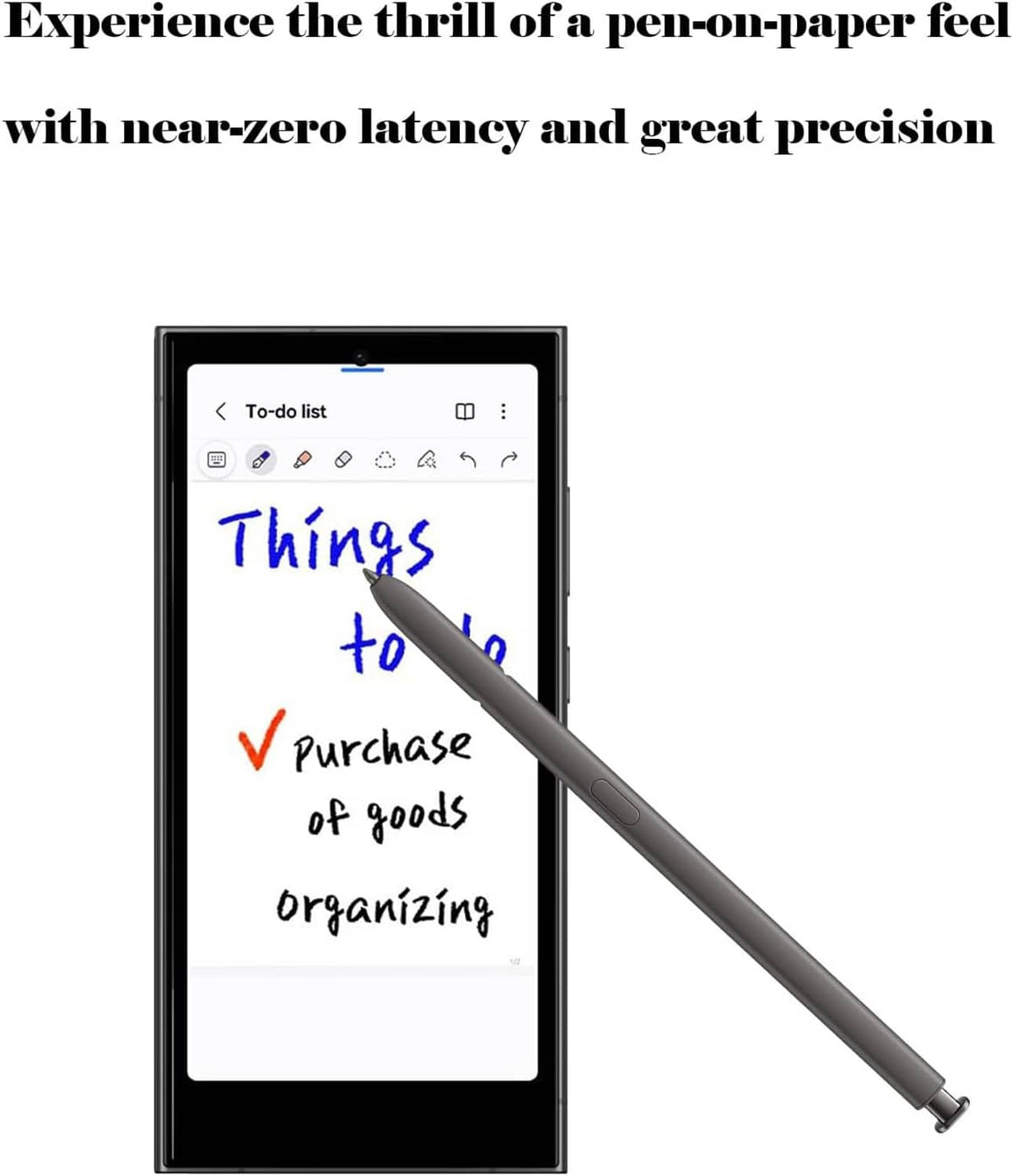 Stylus pen with dark gray body hovering above tablet display screen