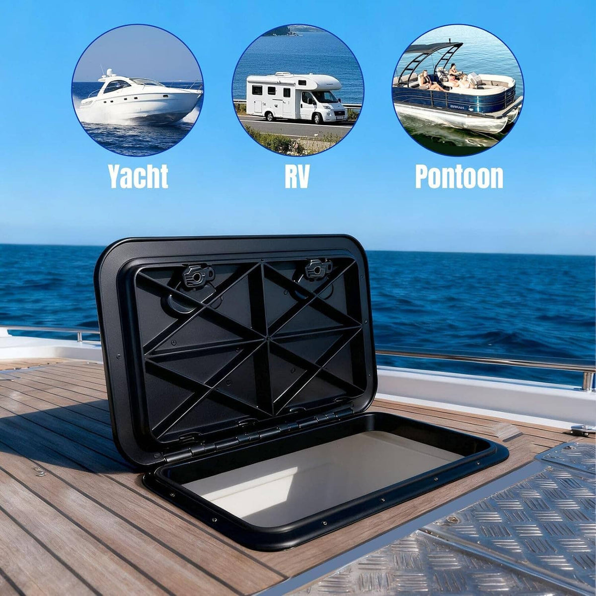 Black marine deck hatch cover with open lid and textured surface, recessed handles