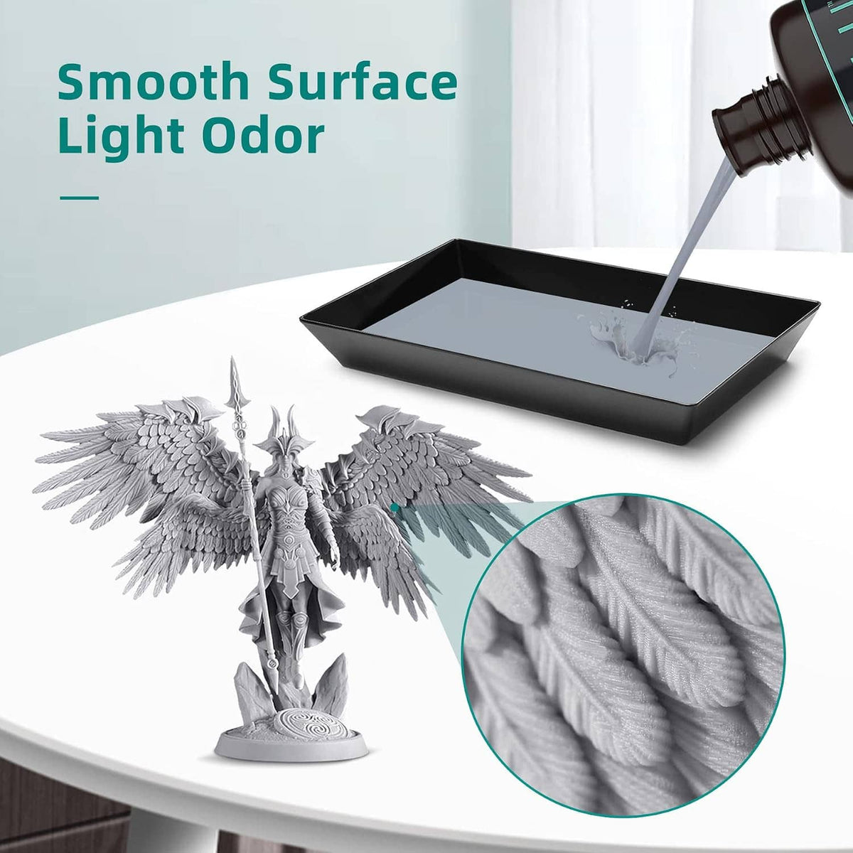 Standard photopolymer resin tray with small winged resin model and closeup texture