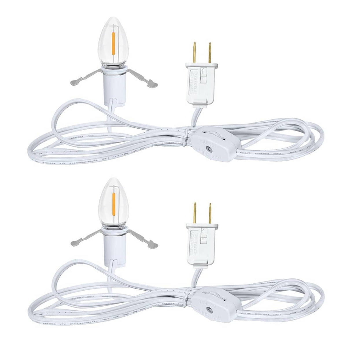 2-pack C7 LED bulb lamp cord set with white cord, E12 sockets, and plug.