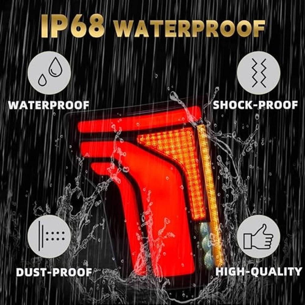 Sealed LED tail light glowing red with amber reflector, durable outer lens