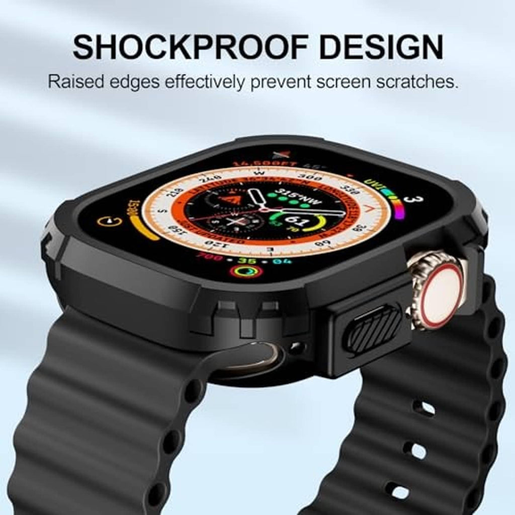 Black shockproof watch bumper with raised edge protection around the screen