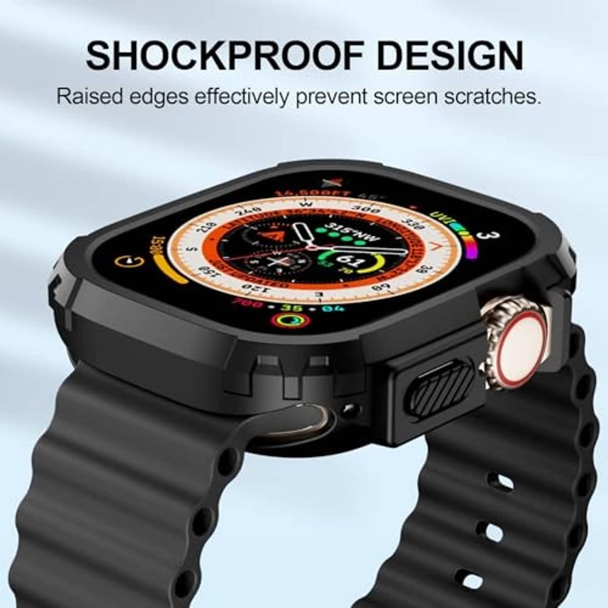 Black shockproof watch bumper with raised edge protection around the screen