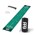 Green putting mat with distance markers and black silicon training cup